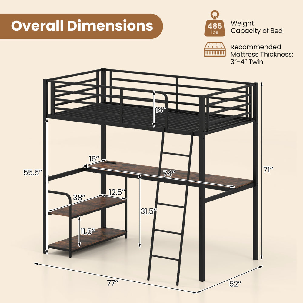 Dimensions chart of the twin loft bed with desk and shelves in rustic brown, showcasing weight capacity and recommended.