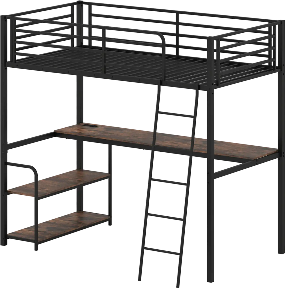 Twin loft bed with rustic brown desk and shelves, featuring metal slats, USB ports, and ample under-bed storage.