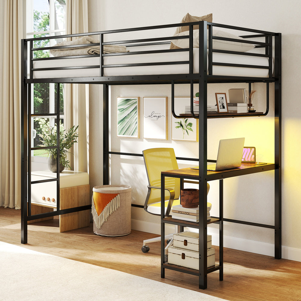 Twin Loft Bed with Desk LED Lights Charging Station Heavy-duty Metal Bed Frame with Guardrail-Black - Gallery View 1 of 10