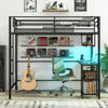 Twin loft bed in black with desk, LED lights, and charging station, ideal for compact living and studying.