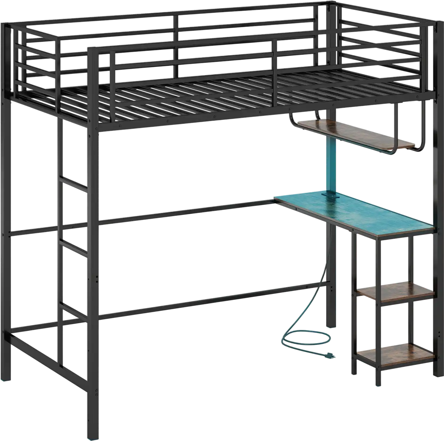 Costway Twin Loft Bed Frame w/ Desk LED Lights Charging Station Guardrail 26838507 New