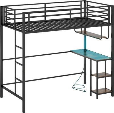 Costway Twin Loft Bed Metal Frame Desk LED Charging Station Guardrail 26838507 New