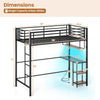 Dimensions of the Twin Loft Bed with Desk, featuring a heavy-duty metal frame, guardrail, and built-in charging station.