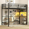 Twin loft bed in black with integrated desk, LED lights, and charging station for efficient space-saving design.