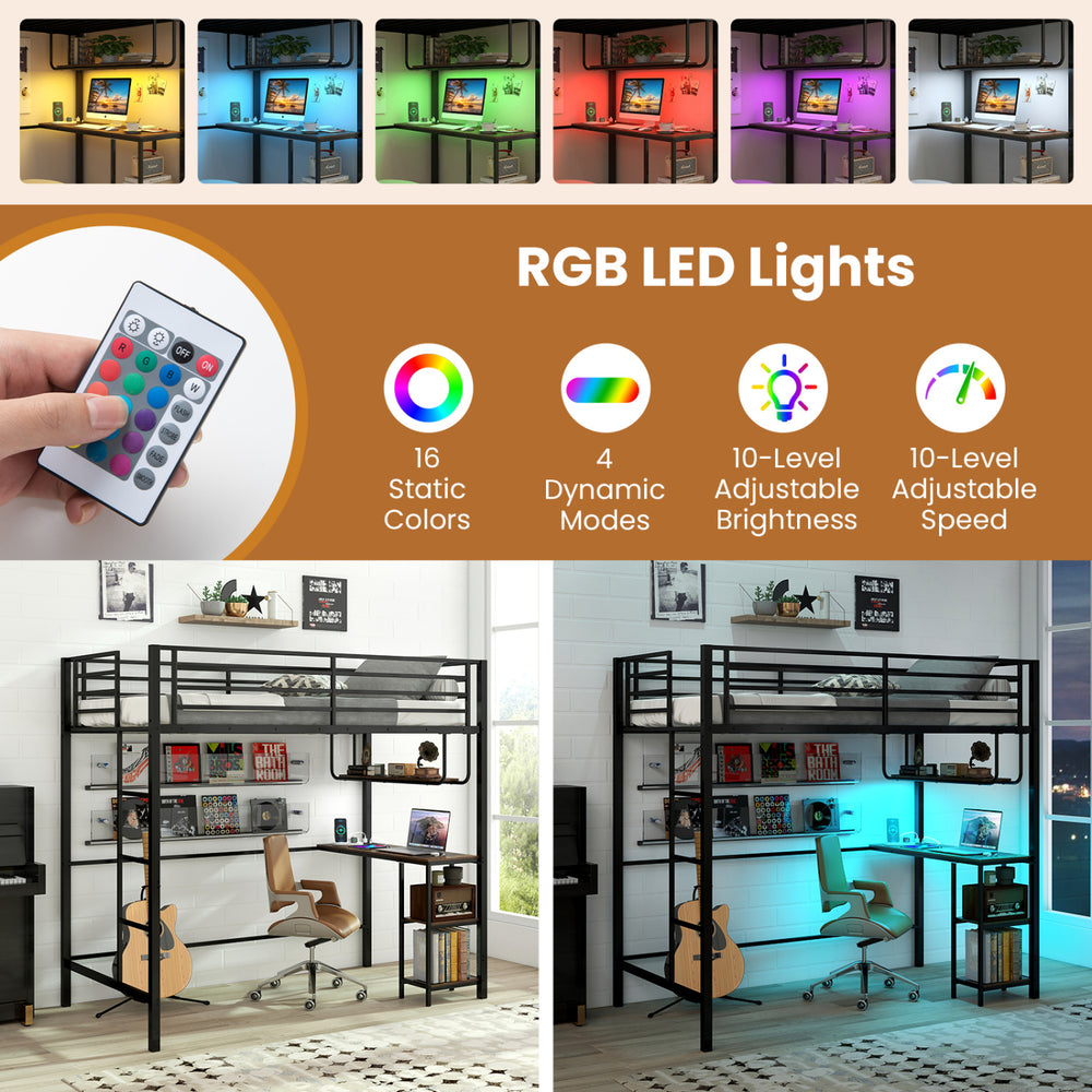 Twin loft bed with desk featuring RGB LED lights, built-in charging station, and heavy-duty metal frame in black.
