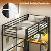 Twin loft bed in black with desk, guardrail, and built-in charging station for safe, stylish workspace.