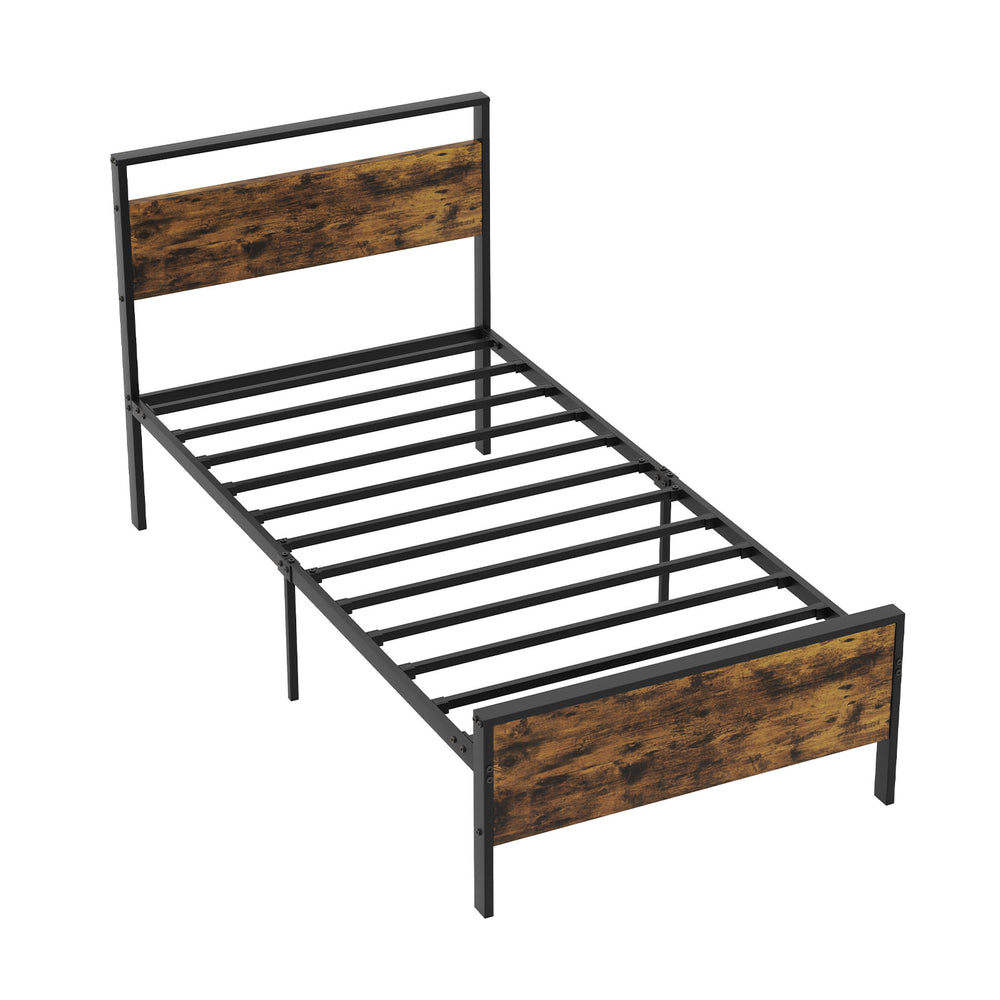 Twin metal bed frame with rustic wooden headboard, sturdy slats, and anti-slip foot pads for stability and charm.