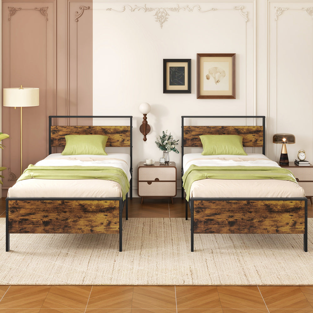Twin metal bed frame with rustic wooden headboard and footboard, featuring sturdy construction for a stylish bedroom.
