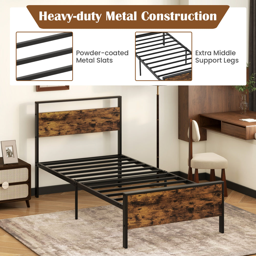 Twin metal bed frame with rustic wooden headboard, featuring sturdy metal slats and extra middle support legs for.