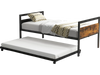 Twin metal daybed with trundle, featuring lockable wheels and industrial design, ideal for living room or guest room.