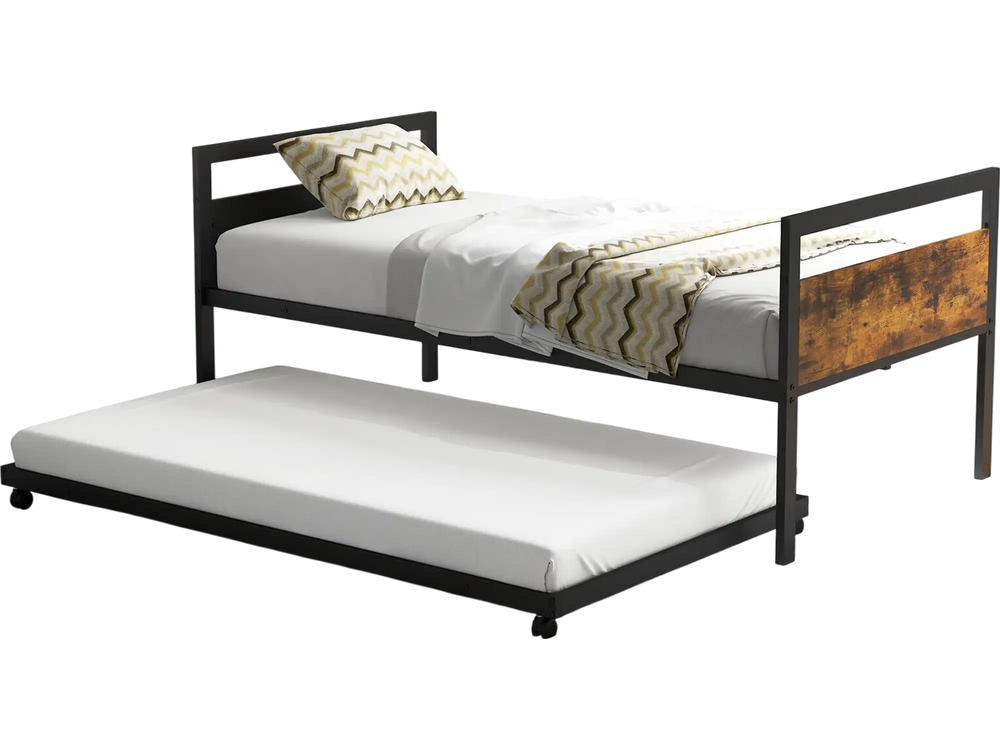 Twin metal daybed with trundle, featuring lockable wheels and industrial design, ideal for living room or guest room.