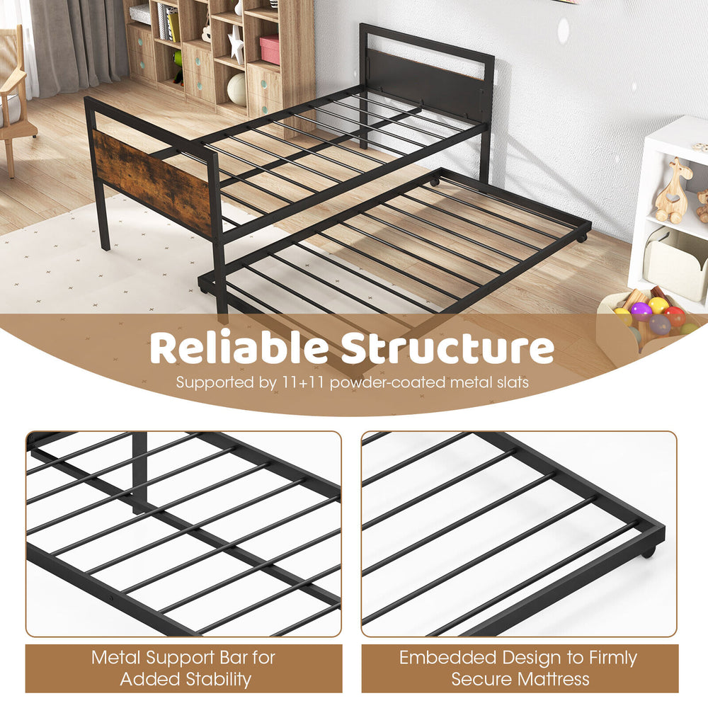 Twin metal daybed with trundle, featuring powder-coated slats and lockable wheels, ideal for living room or guest room.
