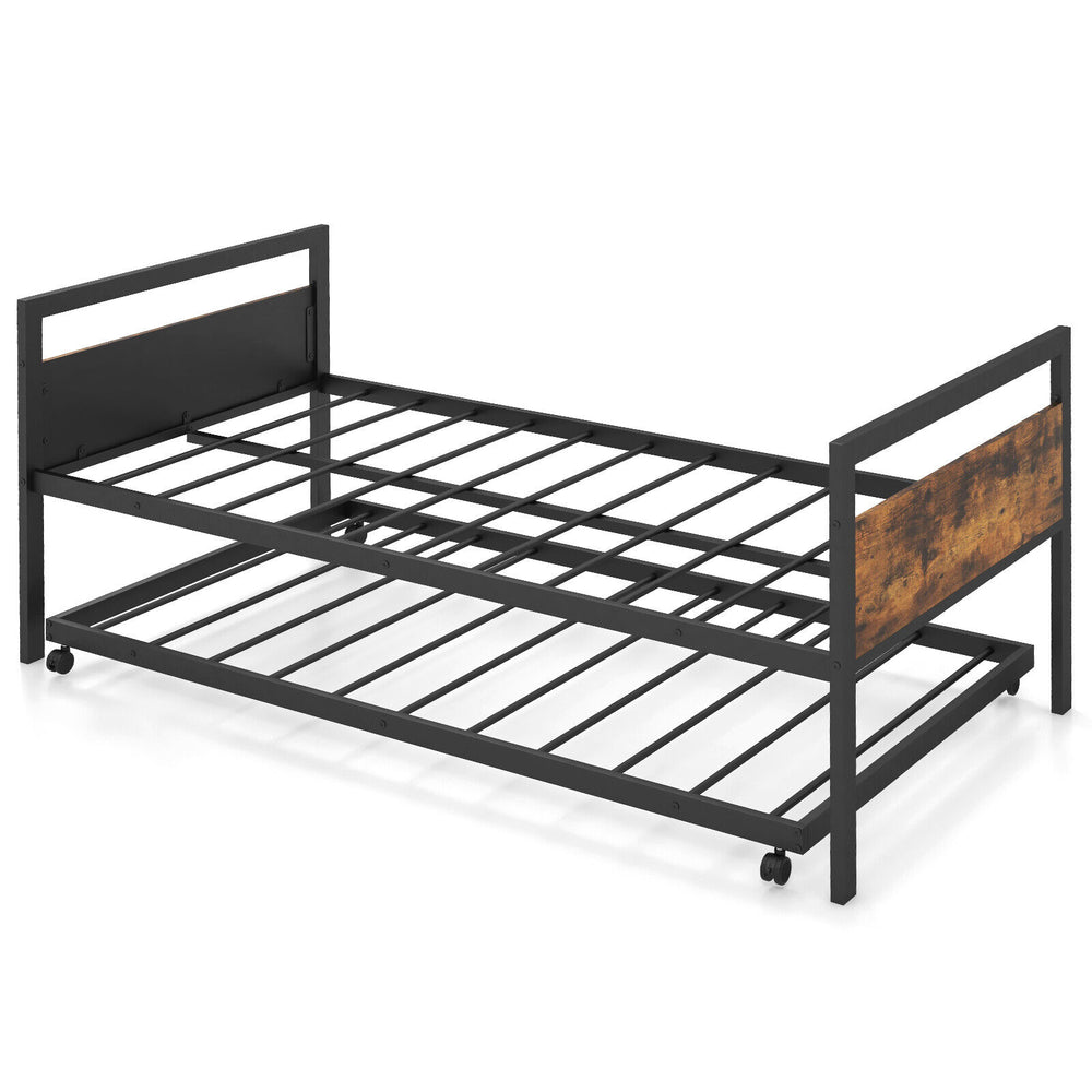 Twin metal daybed with trundle, featuring lockable wheels and sturdy powder-coated slats, ideal for bedrooms or guest.