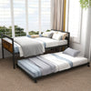 Twin metal daybed with trundle, featuring lockable wheels and a sturdy design, perfect for bedrooms or guest rooms.