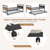 Twin metal daybed with trundle featuring lockable wheels, sturdy slats, and industrial design for versatile living.