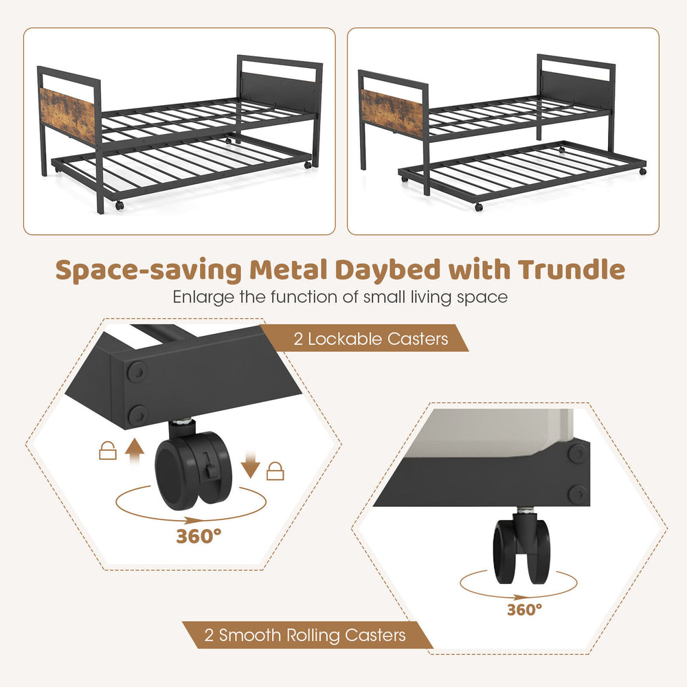 Twin metal daybed with trundle featuring lockable wheels, sturdy slats, and industrial design for versatile living.