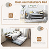 Twin metal daybed with trundle, featuring sturdy metal slats and lockable wheels, ideal for living room or guest room.
