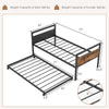 Twin metal daybed with trundle, featuring powder-coated slats and lockable wheels, perfect for living room or guest.