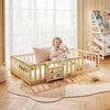 Natural twin Montessori floor bed with bookshelf door and safety guardrails shown in a child’s bedroom.