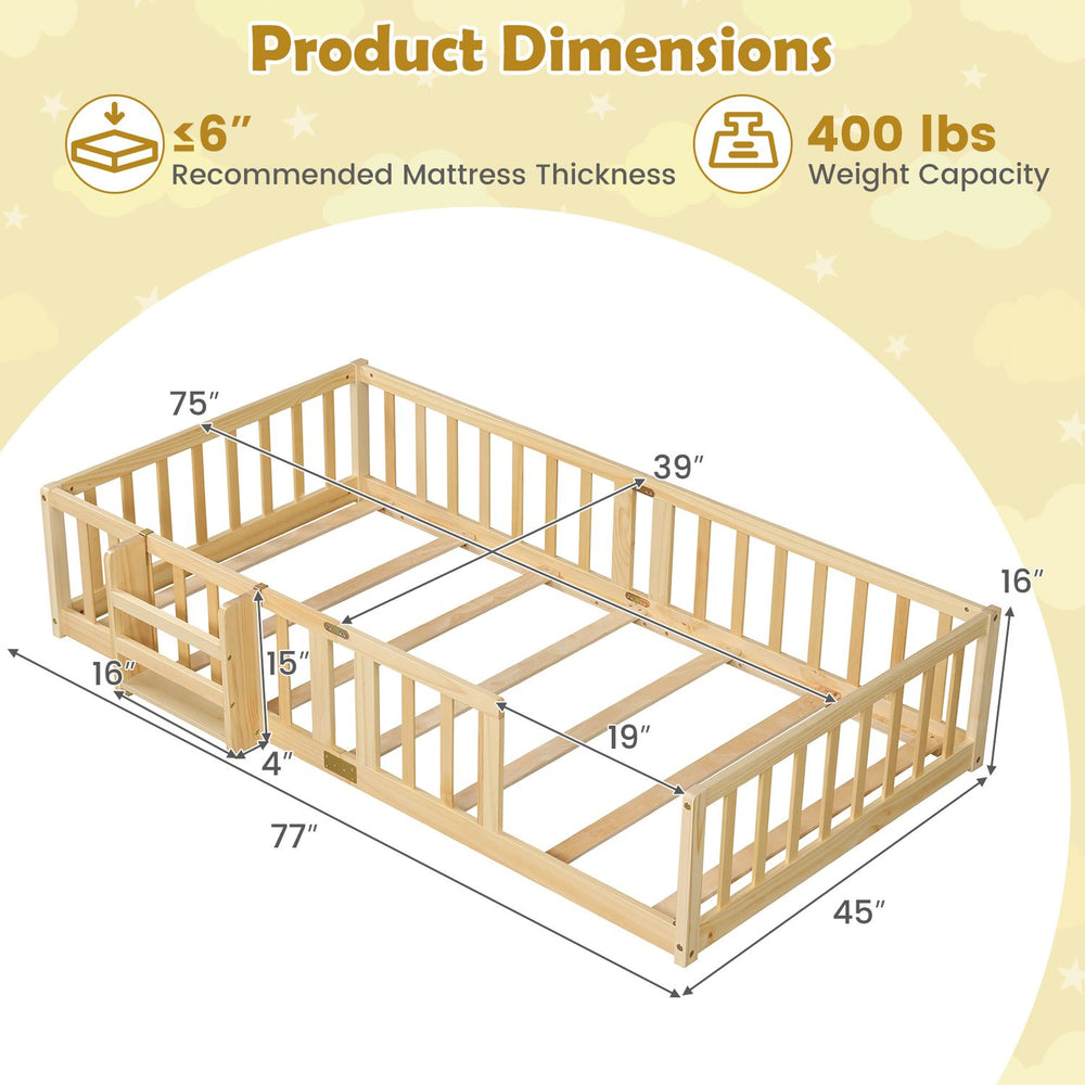 Twin Montessori floor bed frame dimensions shown, with natural pine wood, plywood supports, and safety guardrails.