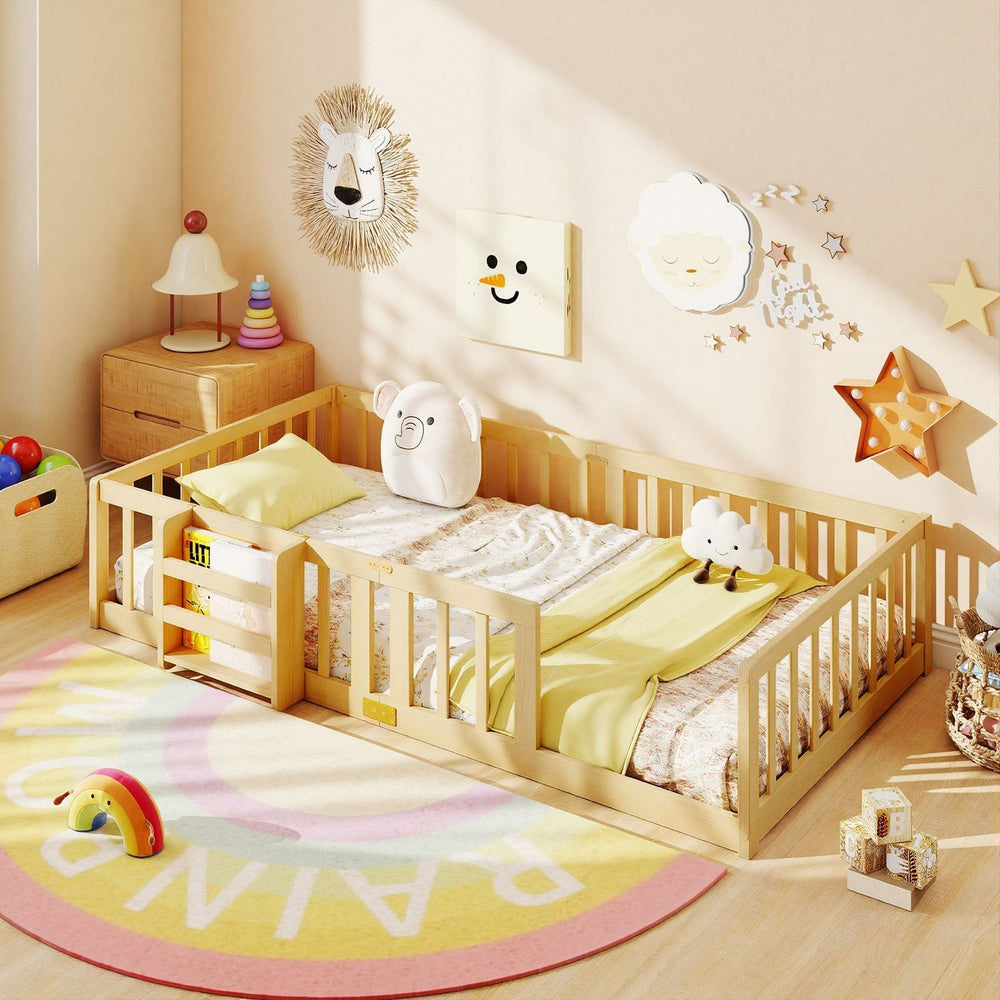 Natural twin Montessori floor bed with bookshelf door and safety guardrails shown in a bright children’s room.