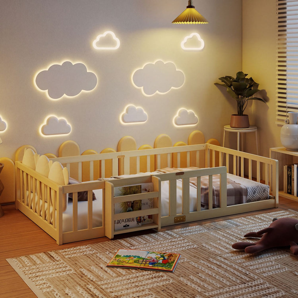Twin Montessori floor bed in natural wood with bookshelf door, plywood crossbars, and safety guardrails in a bedroom setting.
