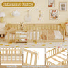 Twin Montessori floor bed with natural finish, bookshelf door, plywood crossbars and safety guardrails shown in a nursery.