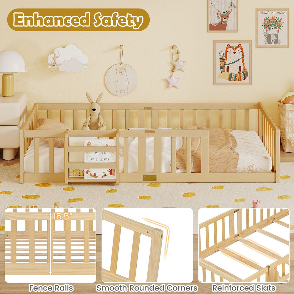 Twin Montessori floor bed with natural finish, bookshelf door, plywood crossbars and safety guardrails shown in a nursery.