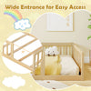 Twin Montessori floor bed with bookshelf door, natural pine wood and plywood crossbars, shown with safety guardrails.
