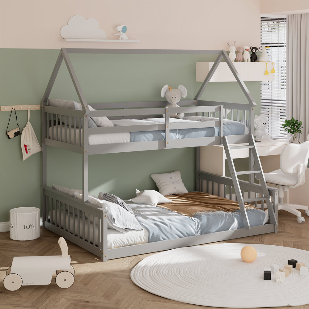 Twin Over Full House Bunk Bed with Ladder and Guardrails-Gray - Gallery View 1 of 10