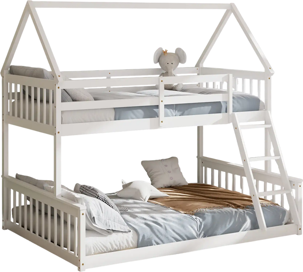 Twin over full house bunk bed in white with ladder and guardrails, perfect for kids' rooms and space-saving.