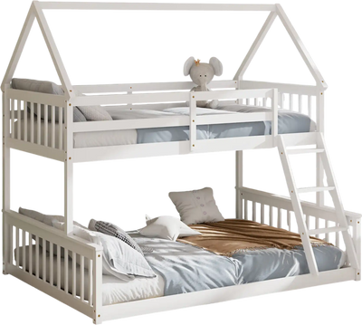 Costway Twin Over Full House Bunk Bed with Ladder Guardrails White 26974853 New
