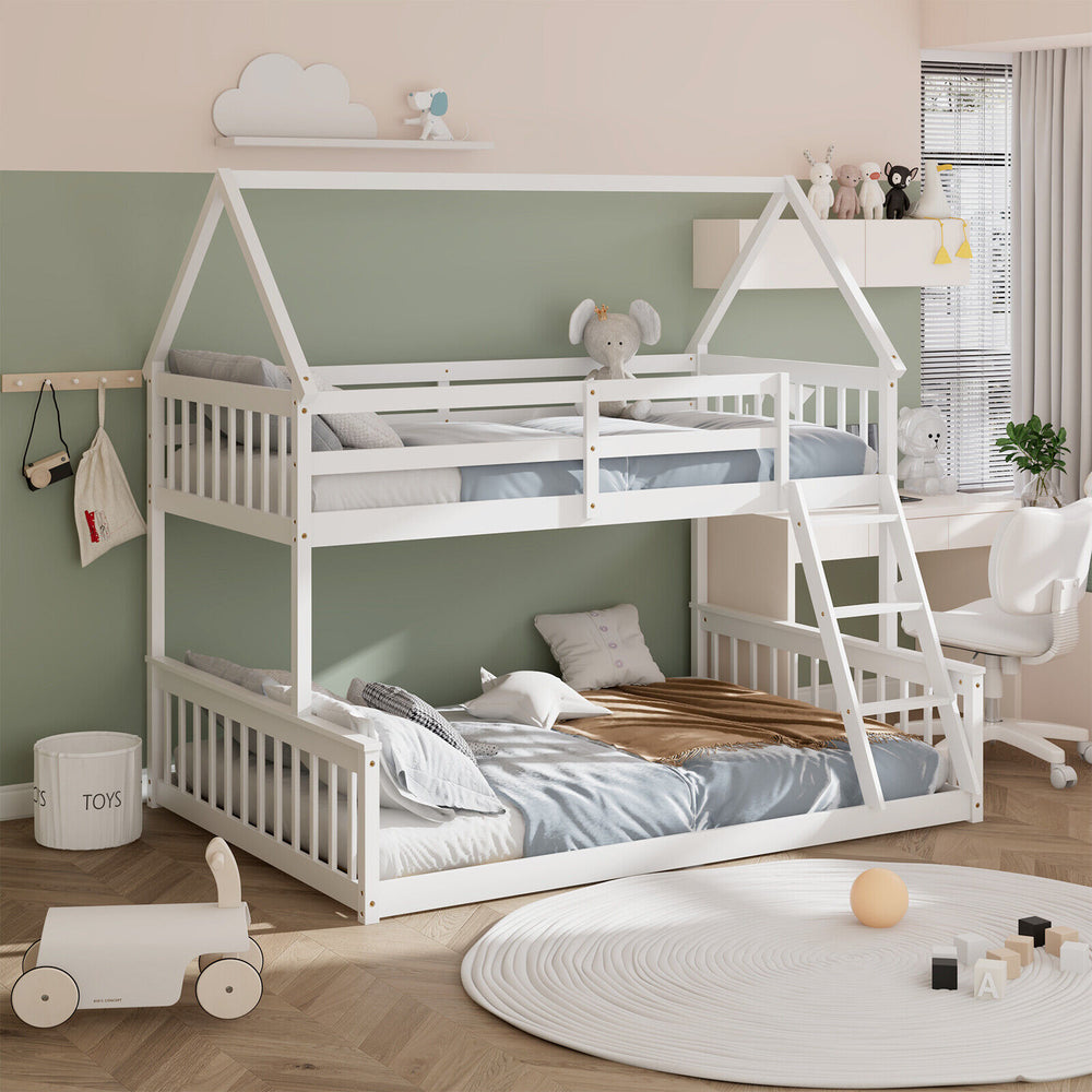 Twin Over Full House Bunk Bed with Ladder and Guardrails-White - Gallery View 1 of 10