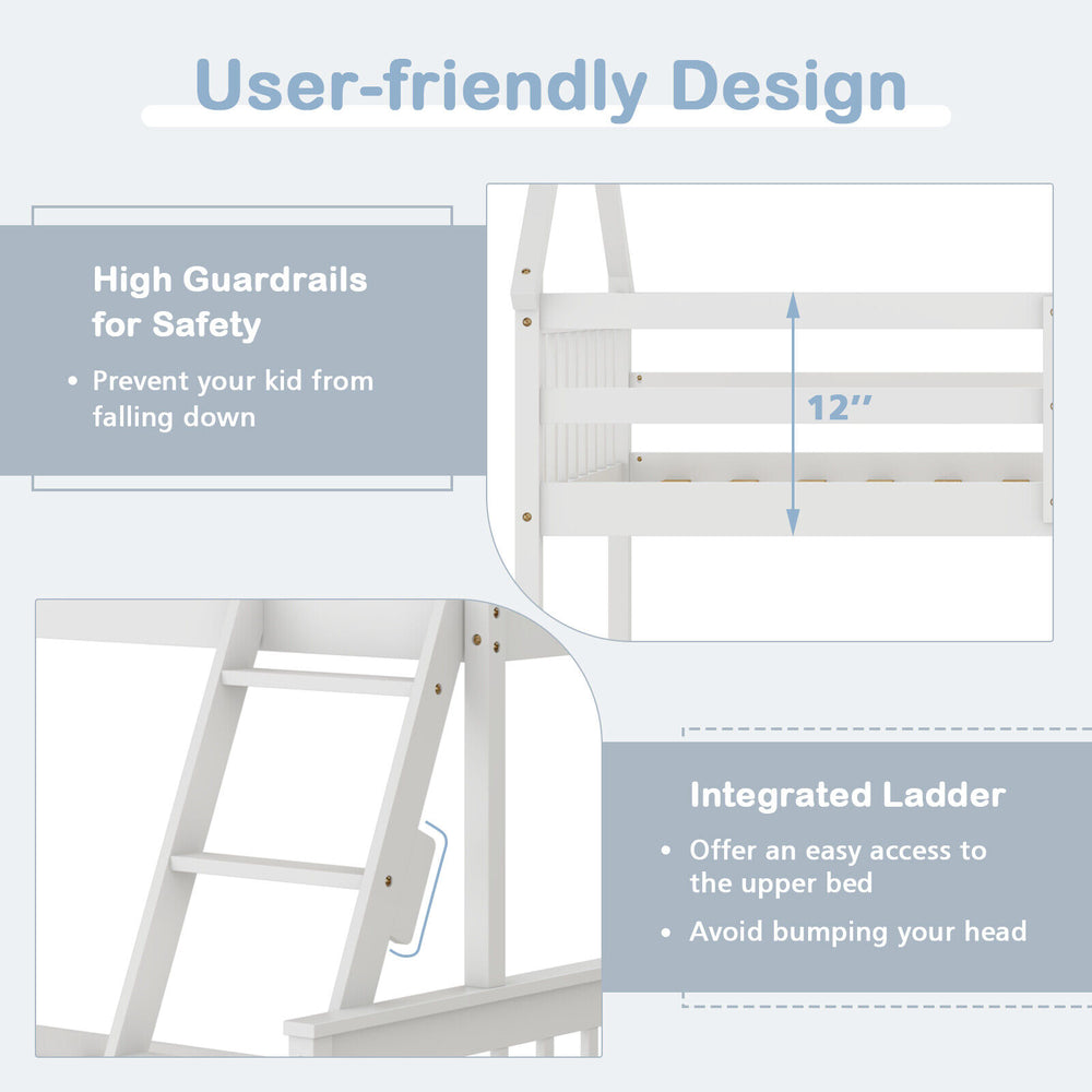 Detail of the integrated ladder and high guardrails on the Twin Over Full House Bunk Bed for added safety and.