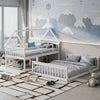 House-shaped twin over full bunk bed in white, featuring separate sleeping areas and a charming design for kids' rooms.