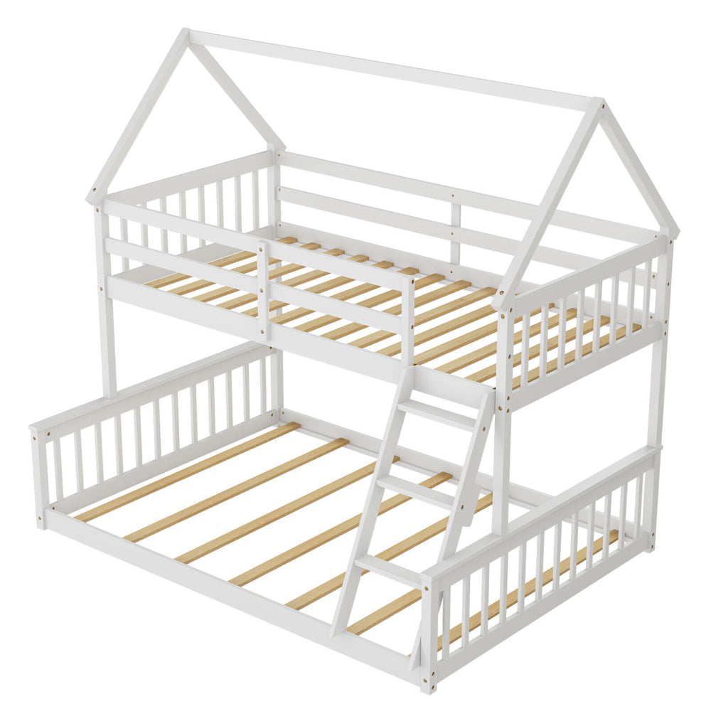Twin over full house bunk bed in white with ladder and guardrails, perfect for kids' rooms and space-saving solutions.