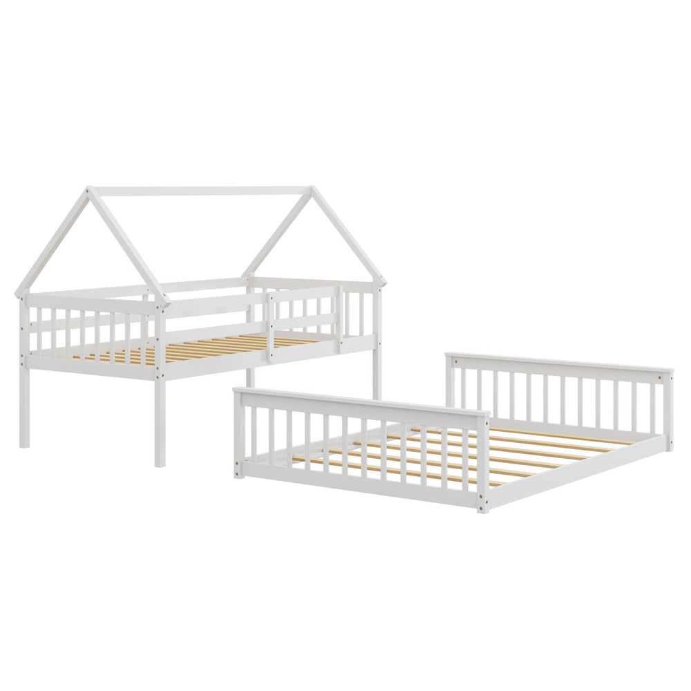 Twin over full house bunk bed in white with ladder and guardrails, ideal for kids' rooms and space-saving solutions.