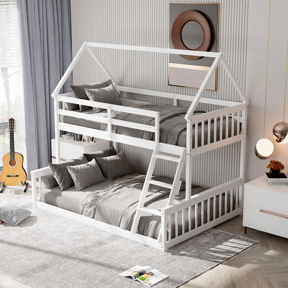 Twin over full house bunk bed in white, showcasing its charming house shape design, perfect for children's rooms and.