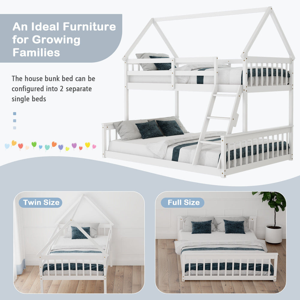 House-shaped twin over full bunk bed in white, showcasing separate twin and full beds for versatile sleeping.