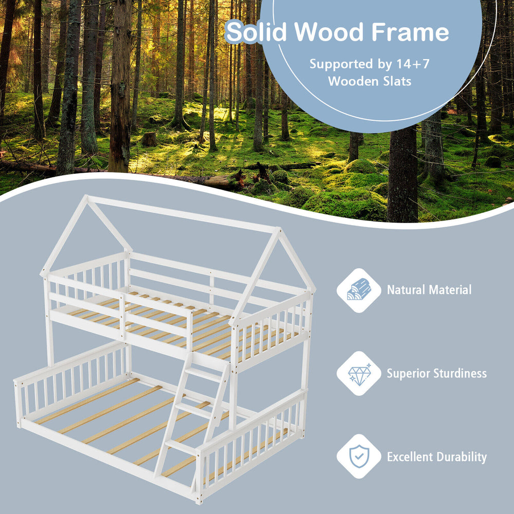 Twin over full house bunk bed in white with solid wood frame, ladder, and guardrails, ideal for kids' rooms.