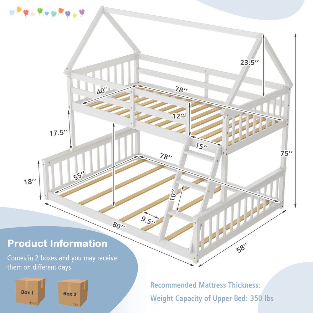 View of the twin over full house bunk bed in white, highlighting the solid pine wood structure and slatted design for.
