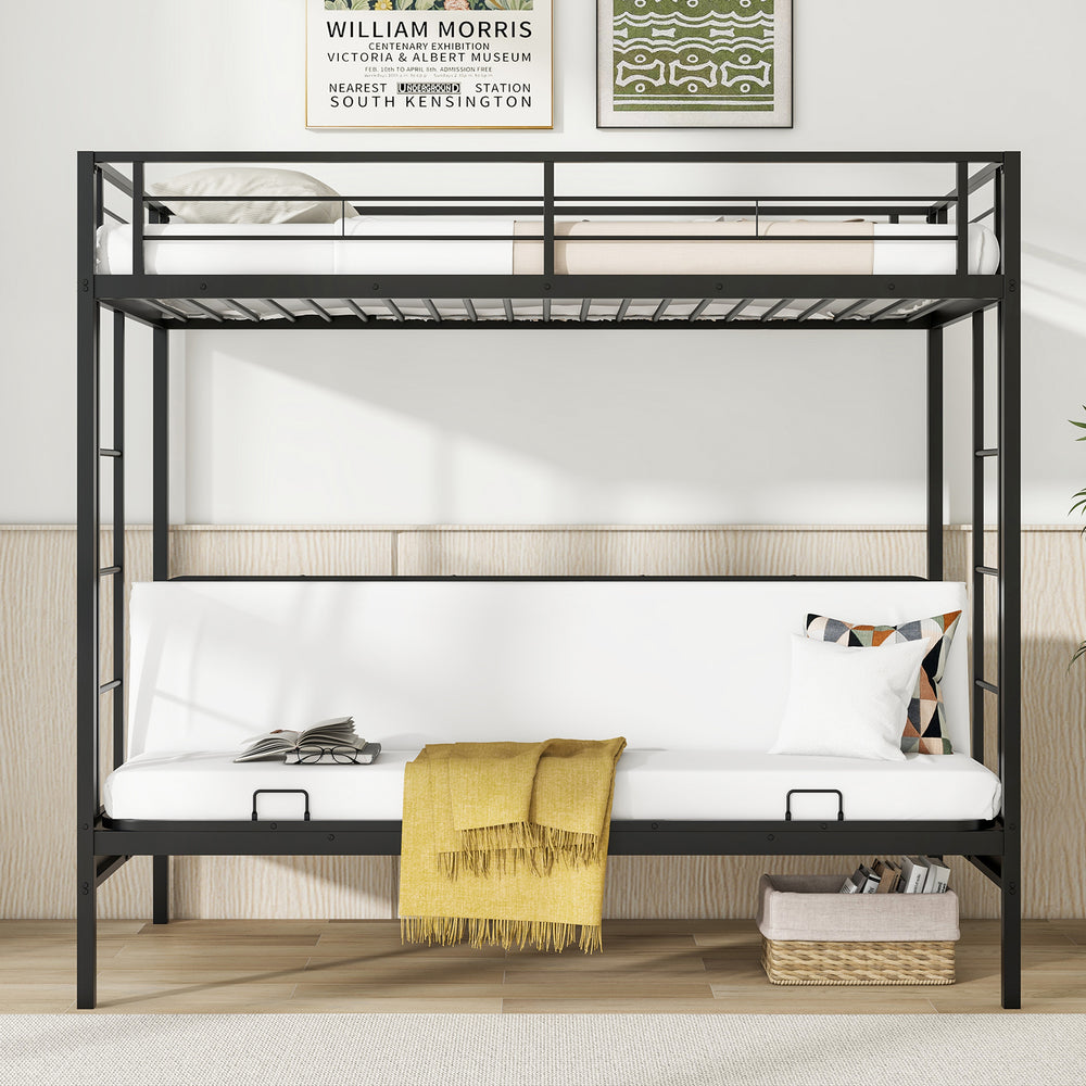 Twin over futon bunk bed in black with adjustable lower sofa, safety guardrails, and two ladders for versatile use.