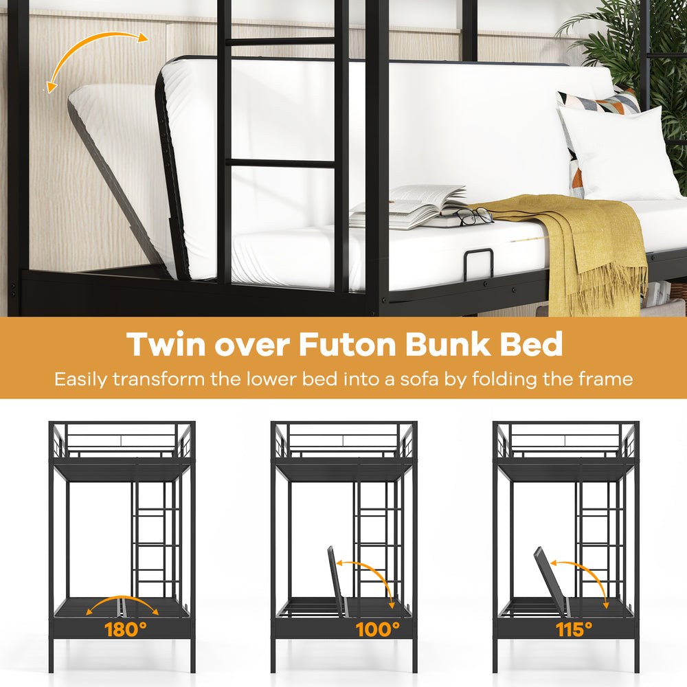 Twin over futon bunk bed in black, showcasing adjustable lower sofa position for versatile seating and sleeping options.