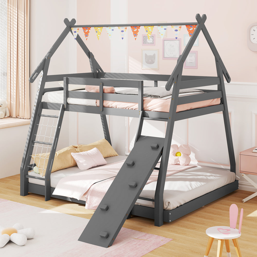 Twin Over Queen Bunk Bed Wooden Kids Bed with Climbing Nets and Ramp-Gray - Gallery View 1 of 10