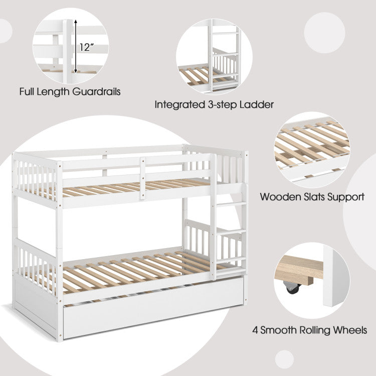 Costway Bed Frame Twin Over Twin Bunk Bed with Pull-out Trundle and Ladder New