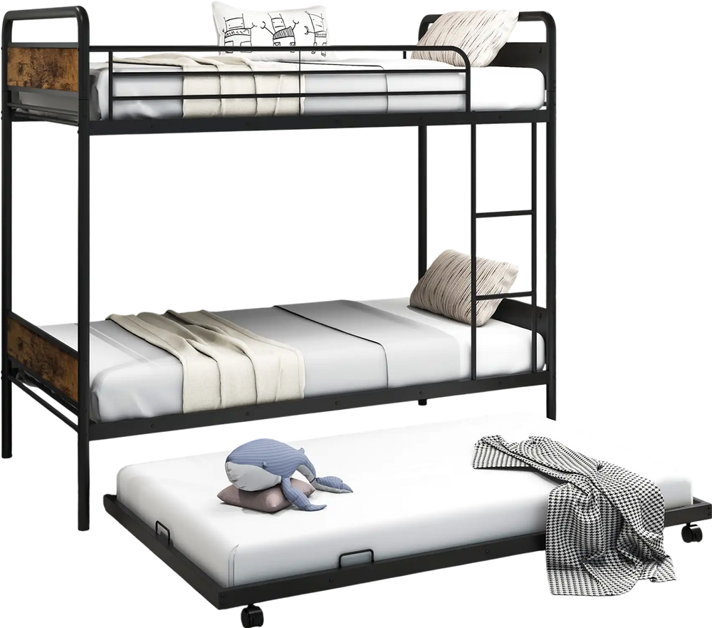 Twin over twin bunk bed in black with trundle, full-length guardrails, and integrated ladder for safe sleeping.