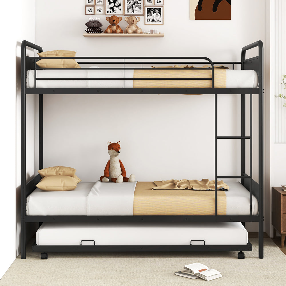 Twin over twin bunk bed with trundle in black, featuring a pull-out trundle and industrial design for space-saving.