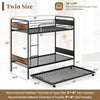 Twin over twin bunk bed with trundle in black, featuring a sturdy metal frame and full-length guardrails for safety.