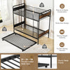 Twin over twin bunk bed with trundle, black metal frame, sturdy construction, and full-length guardrails for safety.