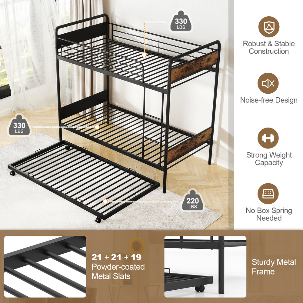 Twin over twin bunk bed with trundle, black metal frame, sturdy construction, and full-length guardrails for safety.